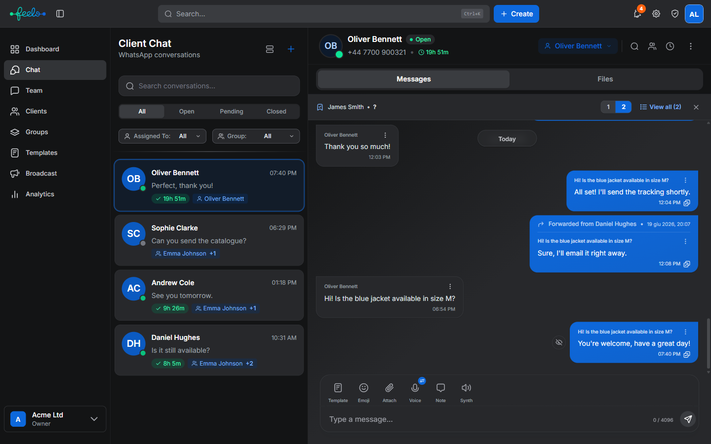 Feelo shared inbox (dark)